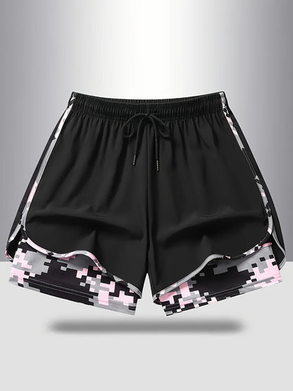 Plus Size - 3pcs - Plus Size Women'S Shorts, Double-layer Fake Two Piece Camouflage Pattern, Breathable Quick Drying Pants, Women'S Shorts With Adjustable Drawstring Waist - Lightweight Fitness, Side Design, Non See Through Casual Wear