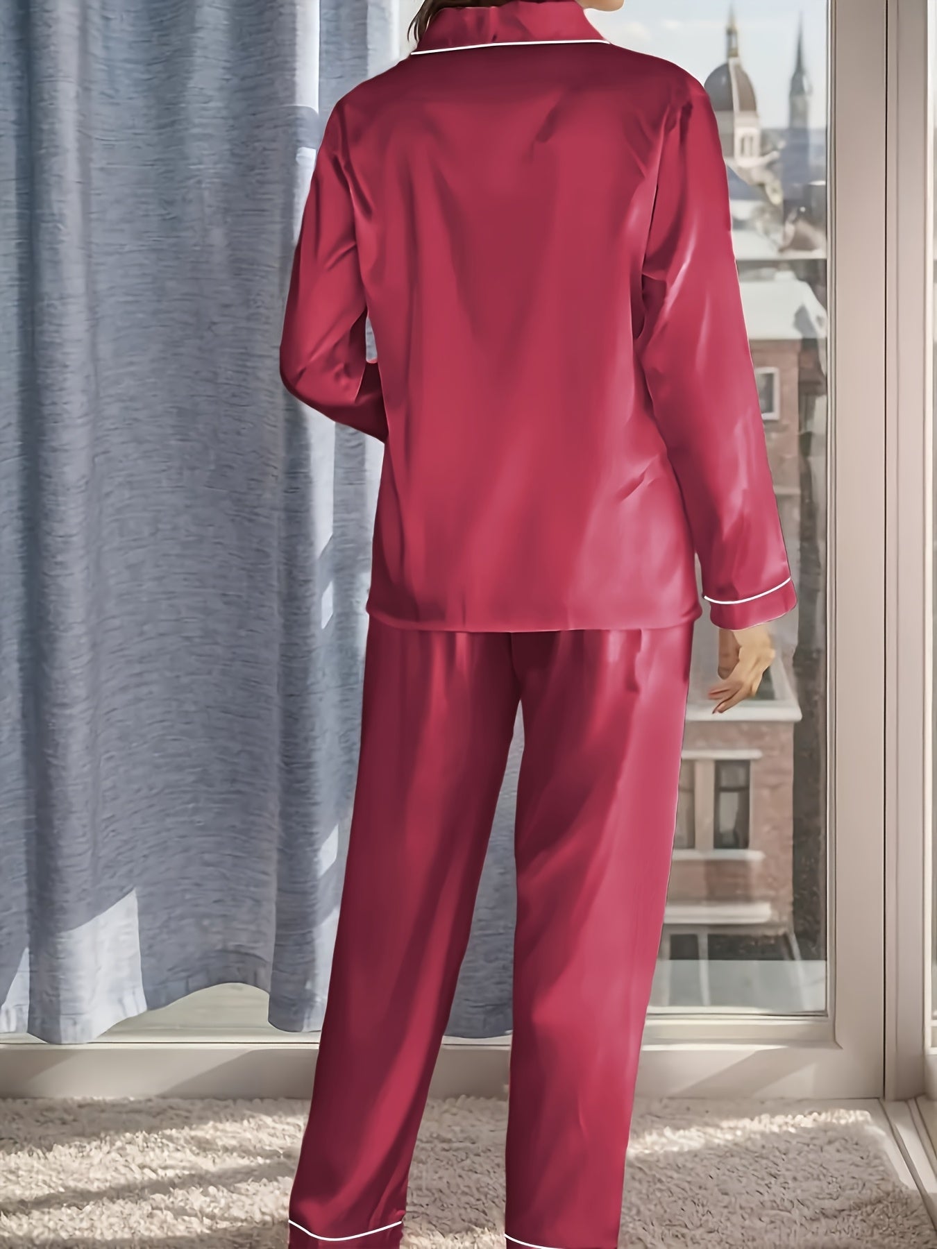 Women's Satin Casual Comfortable 1 Set 2pcs Pajama Outfit, Turn- Collar Long Sleeve Top & Elastic Waistband Trousers Women's Sleepwear