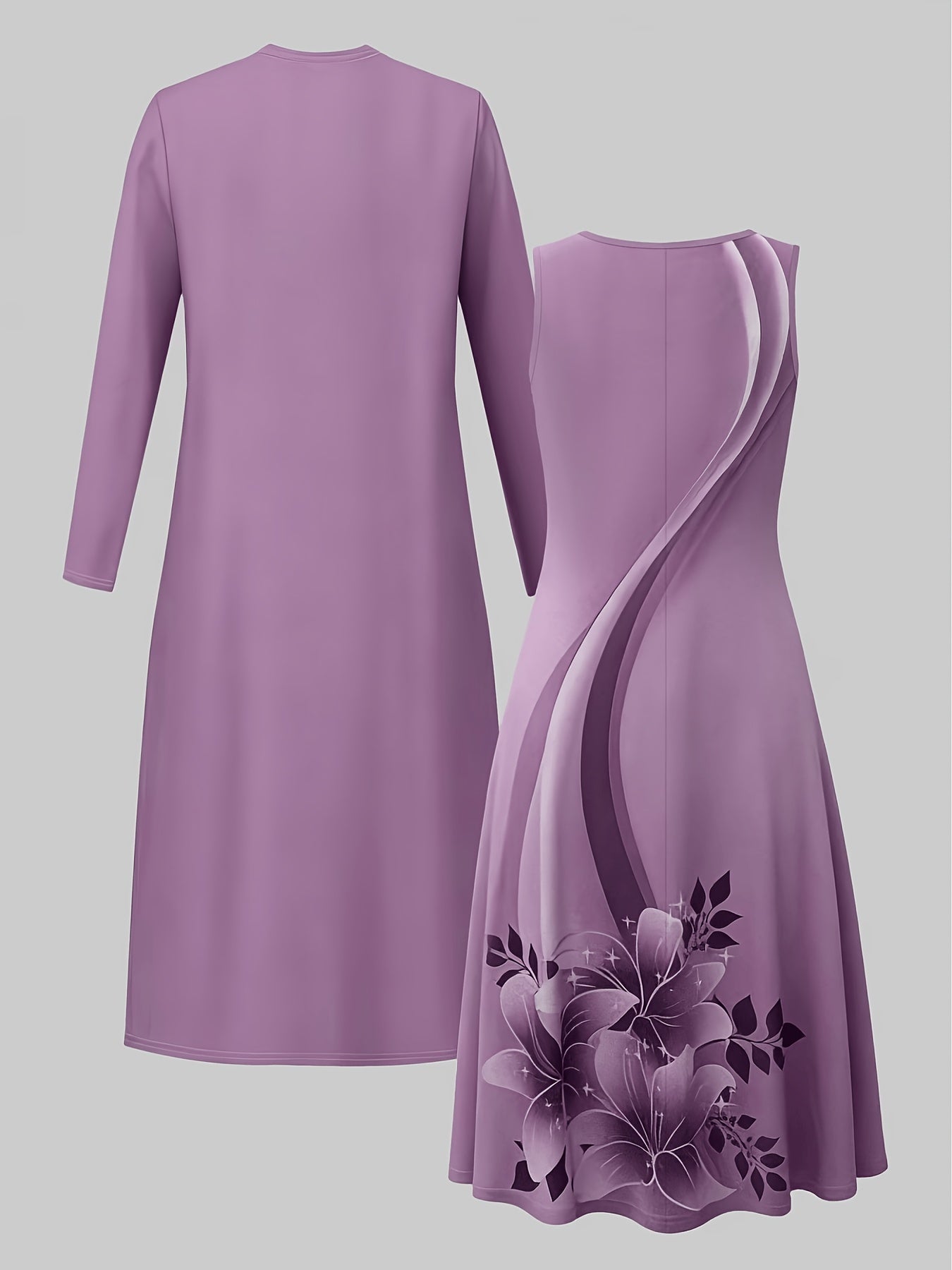 2pcss Set, Vest Style Dress+Long Sleeved Jacket Cardigan, Women'S Fashionable Dress Set, Floral Print Dress Cardigan Top Paired with Waist Cinching Long Skirt 2pcss Set, Elegant Temperament, Suitable for Wearing on The Street