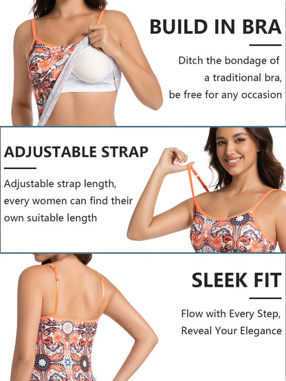 Women's Sleeveless Built-In Bra Tops - Adjustable Spaghetti Strap Layering Tanks/Pajamas, Breathable And Comfortable In Ultra-Soft Seamless Fabric, Ideal for Fall Winter Layering, Perfect for Casual, Formal, Occasions(Black, Turquoise, Orange)