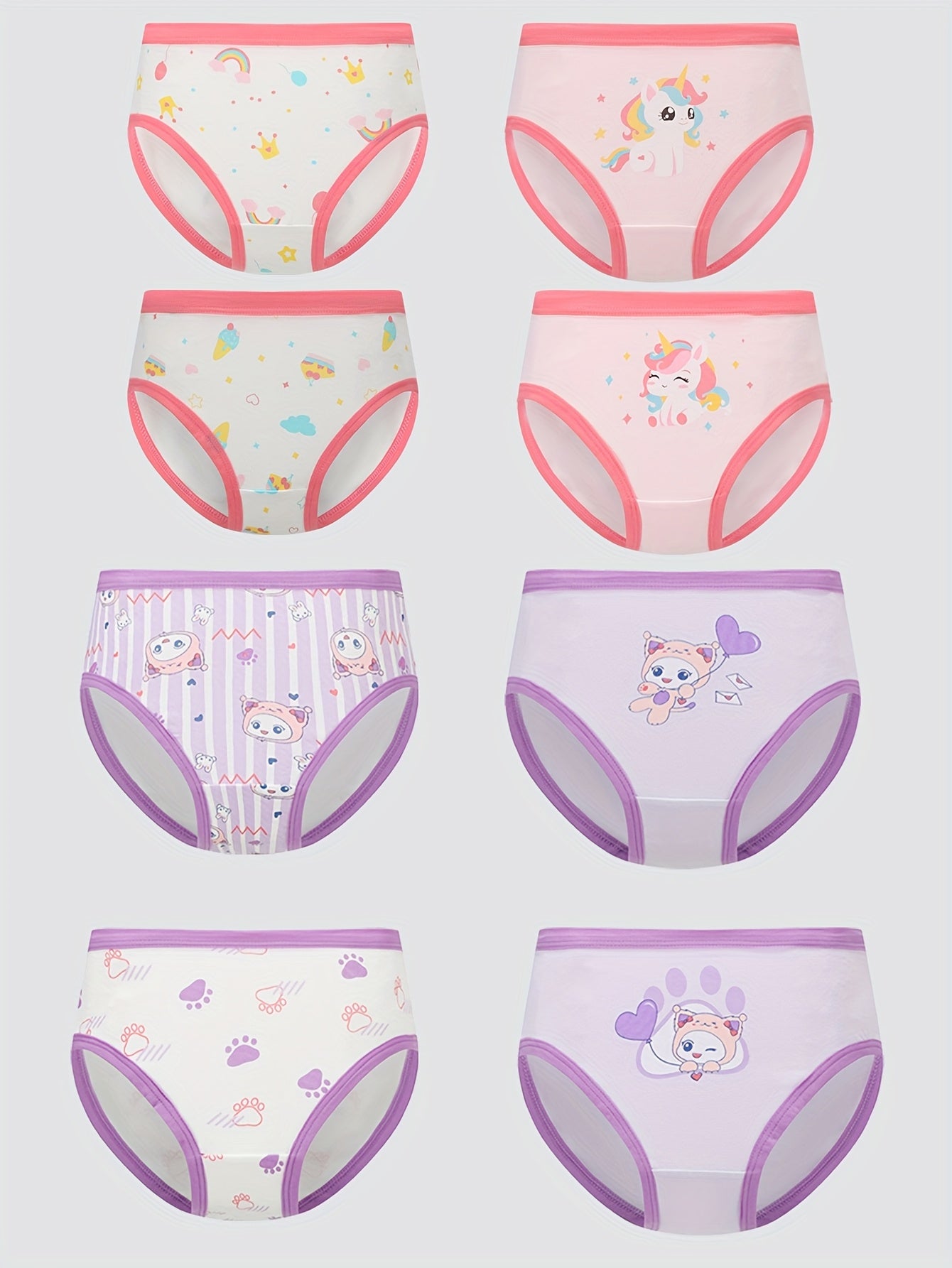 Set of 8 Girls' Underwear, Soft And Breathable, Featuring Adorable Cartoon Designs