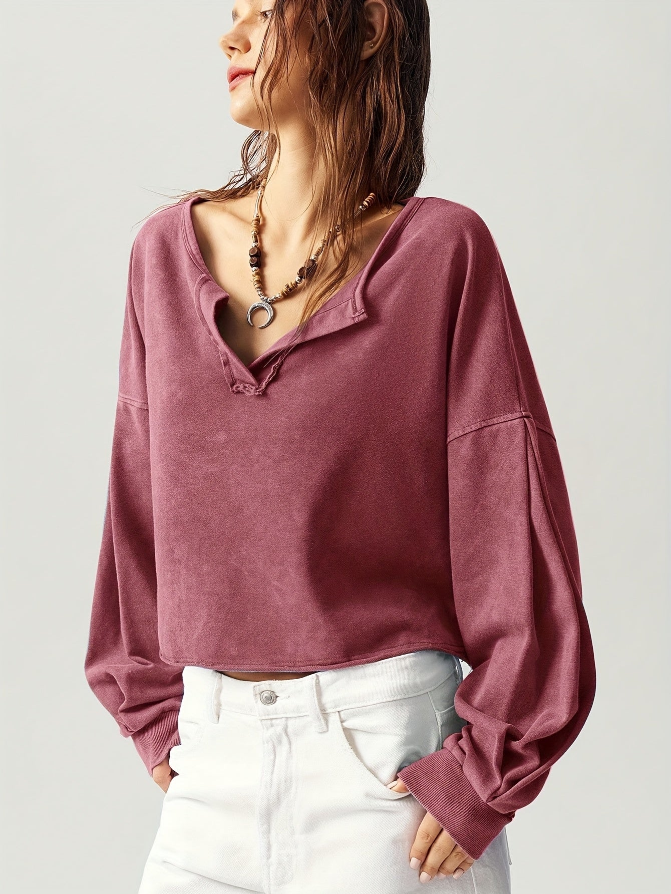 Casual Solid Color V-Neck Long Sleeve Loose Fit Women Sweatshirt Fall Tops Women Cropped Sweatshirt Long Sleeve Tops Comfy Tops Tops for Women