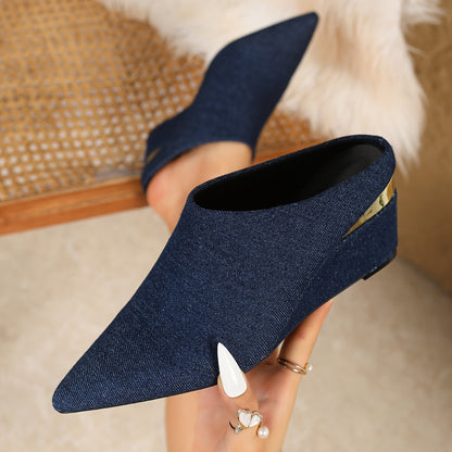 Women's Textured Fabric Pointed-toe Heels, One-foot Studded Mules, Comfortable Sandals, Thick Heels, Multi-color Simple And Portable, Casual Commuting Portable, Daily Wearable Women's Shoes, Women Shoes