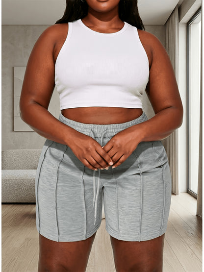 Plus Size, (4pcs 97894 Solid Color Drawstring Shorts, Casual Elastic Waistband, Spring/Summer Women's Wear, Casual Style, Spring/Summer/Autumn)