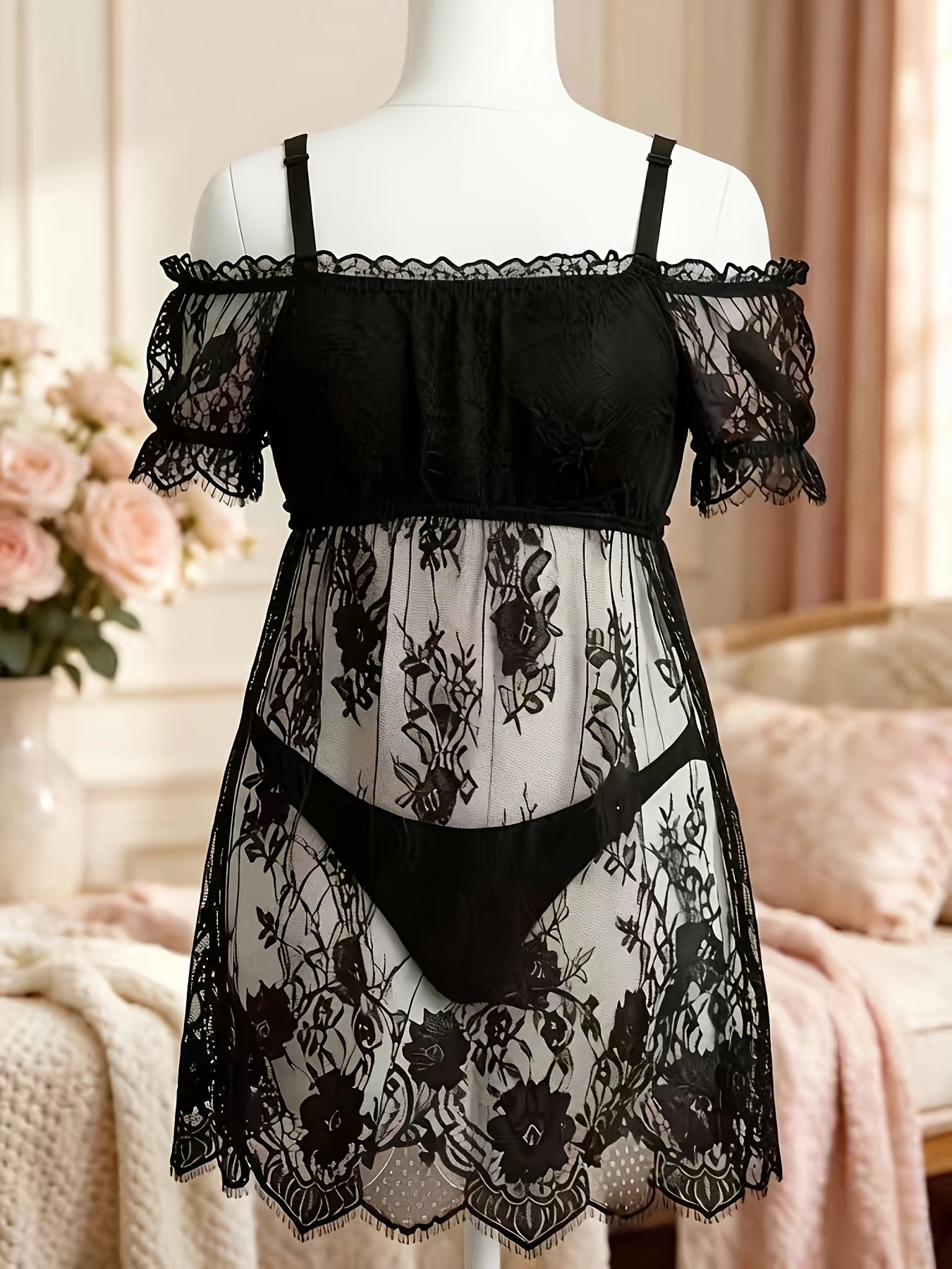 Plus Size Lace Nightdress for Curvy, Sexy Lingerie, Lace & Bow Off-Shoulder Design, Perfect for Home Bedroom Private Space, Super Textured & Attractive