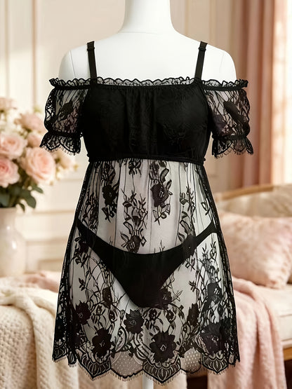 Plus Size Lace Nightdress for Curvy, Sexy Lingerie, Lace & Bow Off-Shoulder Design, Perfect for Home Bedroom Private Space, Super Textured & Attractive