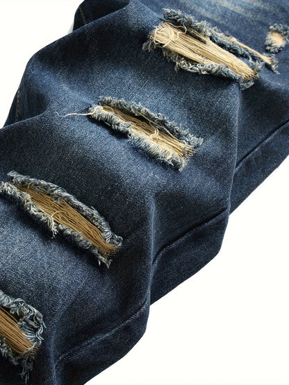 2026 Men's navy blue Ripped Elasticity Skinny Wild Jeans Match Day Fan Gear for Football Fans