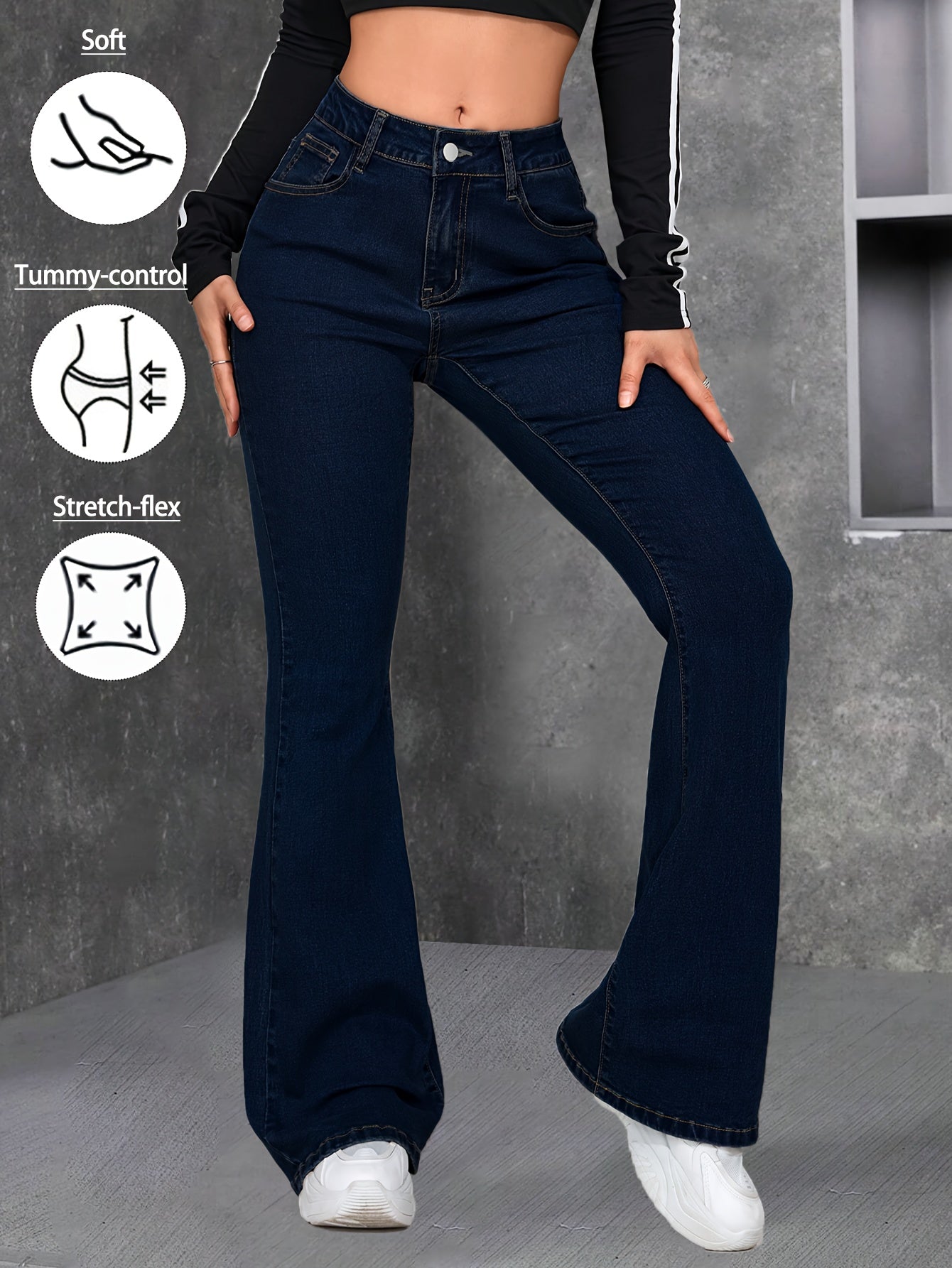 Women Blue Flared Jeans High Rise Stretch Denim Pants Soft Comfortable Fit Slim Silhouette Fashion Forward Trendy Modern Style Versatile Casual Attire Chic Look Durable Quality Easy Matching Figure Flattering Essential Casual Denim Bottoms