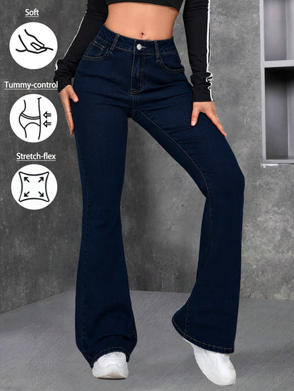 Women Blue Flared Jeans High Rise Stretch Denim Pants Soft Comfortable Fit Slim Silhouette Fashion Forward Trendy Modern Style Versatile Casual Attire Chic Look Durable Quality Easy Matching Figure Flattering Essential Casual Denim Bottoms