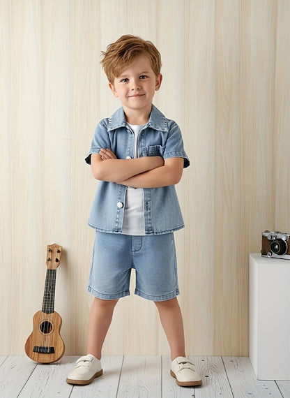[Runs Large, Size 1 Size] Baby Boy 3pcs Summer Outfit Set, Soft Washed Denim Short Sleeve Lapel Jacket, Casual Denim Shorts And Matching Denim Bucket Hat, Daily Casual Clothes for 6-36 Months, Perfect for Outdoor