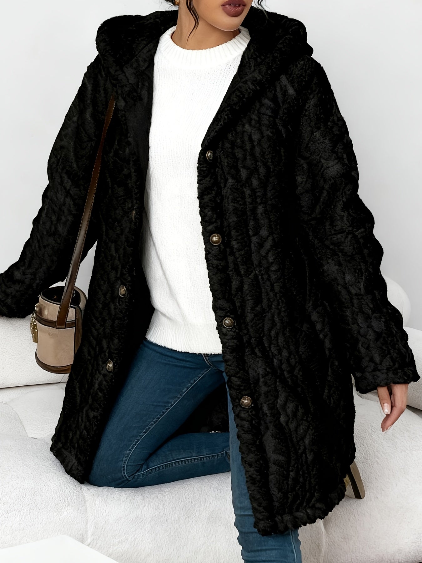 Oversized Chunky Cable Cardigan for Women in Soft Pink, Featuring an Open Front And Long Sleeves. This Winter Coat Is Perfect for Casual And Semi-Formal Fall And Winter Outfits, Designed Without Buttons