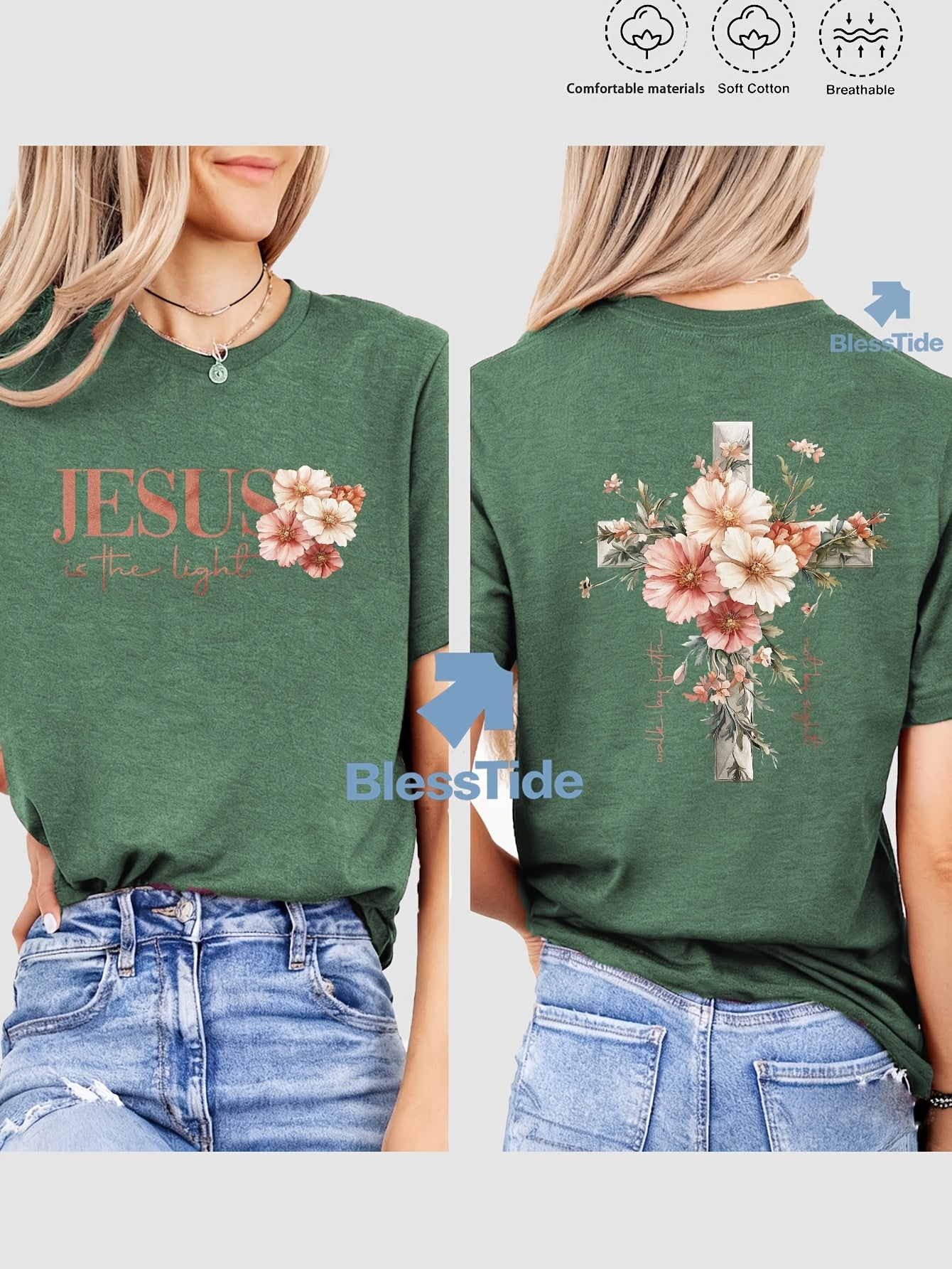 Jesus Floral Cross Double-Sided Print T-shirt - Stylish Faith-Inspired Design for Casual Wear, Perfect for Christian Women, Trendy and Comfortable -blend T-shirt with Double-sided Print