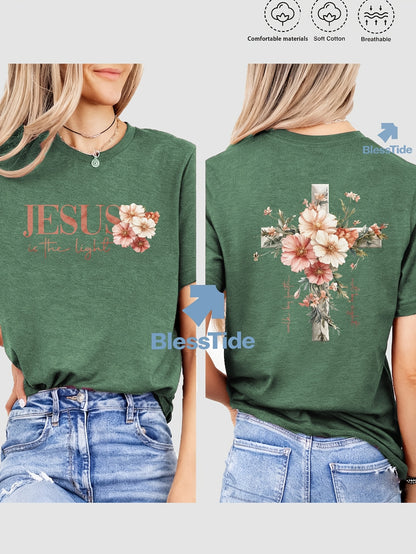 Jesus Floral Cross Double-Sided Print T-shirt - Stylish Faith-Inspired Design for Casual Wear, Perfect for Christian Women, Trendy and Comfortable -blend T-shirt with Double-sided Print