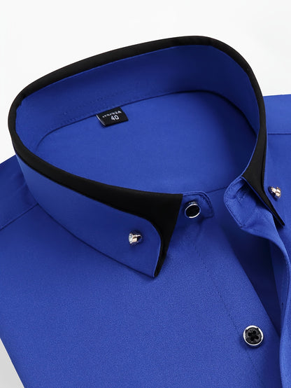 Color Block Fold-Up Collar Crystal Buckle Formal Shirt Men'S Long Sleeve Contrast Color Stretch Iron-Free Business Casual Top with Loan Fashion Cardigan Shirt