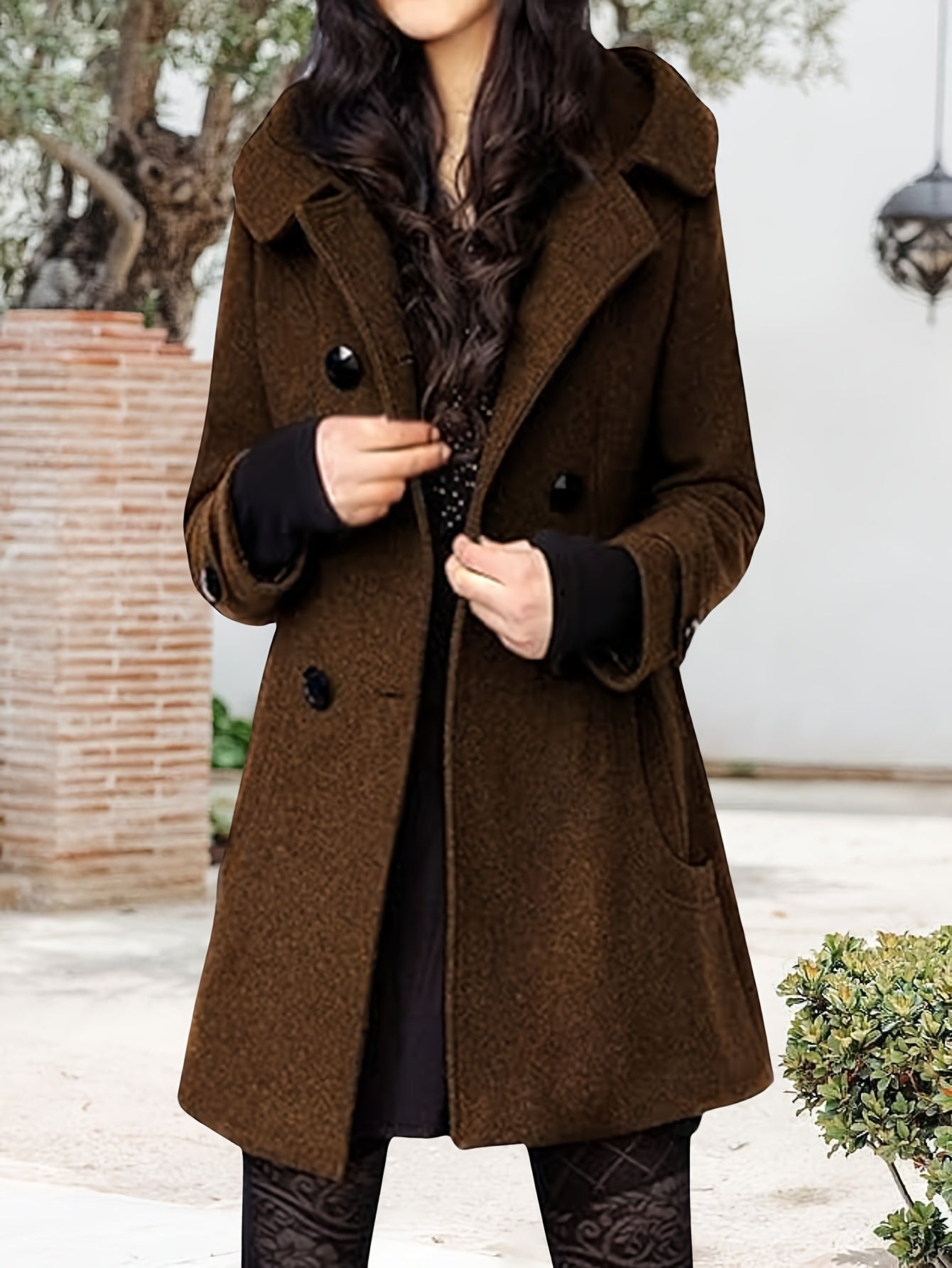 Women'S Cozy Double-Breasted Wool Peacoat Trench Jacket with Hood