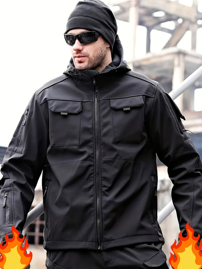 Men's Tactical Softshell Jacket - Hooded Multi-Pocket Windbreaker