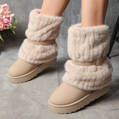 Women's Winter Warm Mid-Calf Boots Thick-Sole Style Non-Slip Rubber Sole Lining Wide-Fit Oversized Cold-Weather Footwear, Women Shoes