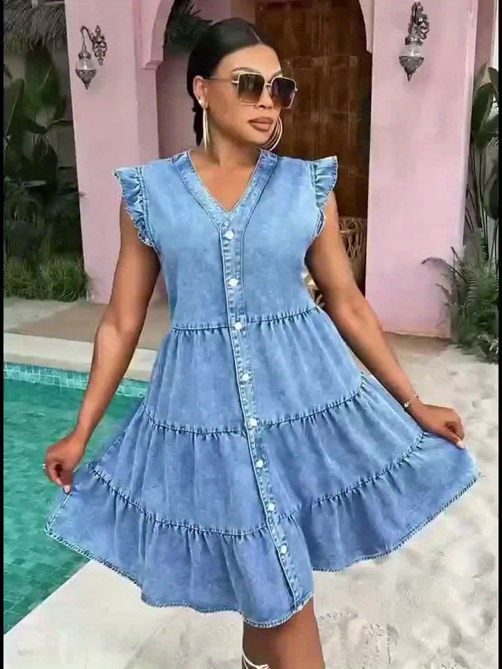 Plus Size Women's Cap Sleeve V Neck Button Front Dress Ruffle Hem Denim Dresses