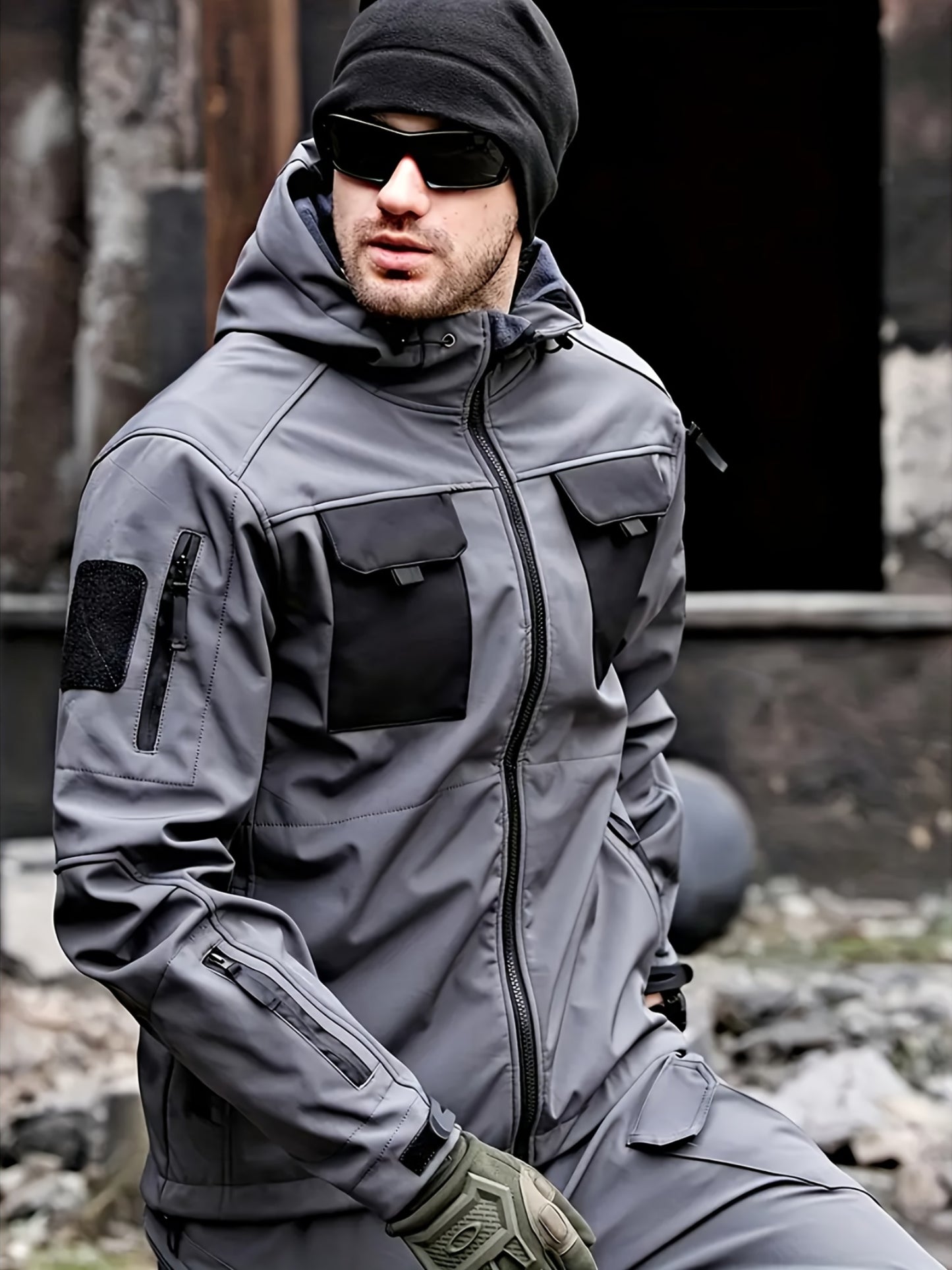 Men's Fleece-Lined Softshell Tactical Winter Jacket with Zip-Up Hooded Coat, Multiple Pockets & Lining - Outdoor Skiing, Hiking, Camping Workwear - Machine Washable Warm Fall/Winter Gear for Cold Weather Activities (Polyester)