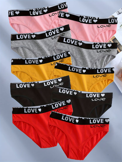 2026 Women's Breathable Panties, Valentine's Day Briefs With Heart And Letter Print 10pcs Game Day Underwear Football Fan Gear for All Fans