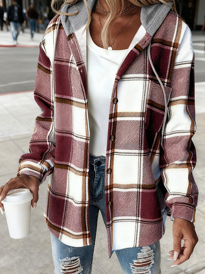 Women's Black and White Checkered Hooded Shirt Jacket, a Popular Warm Outfit for Autumn and Winter. Perfect for Casual and Layered Looks, Autumn/winter Women's Clothing | Women's Apparel, Local Warehouse Discount