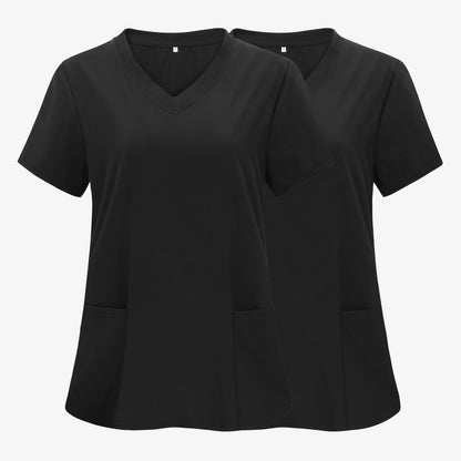 Elegant Chic 2pcs V-Neck T-Shirts with Patch Pockets, Short Sleeve Solid Color Non-Stretch Polyamide Blend Tops for Women - Polyester 95%, Elastane 5%, Regular Fit with H Contour
