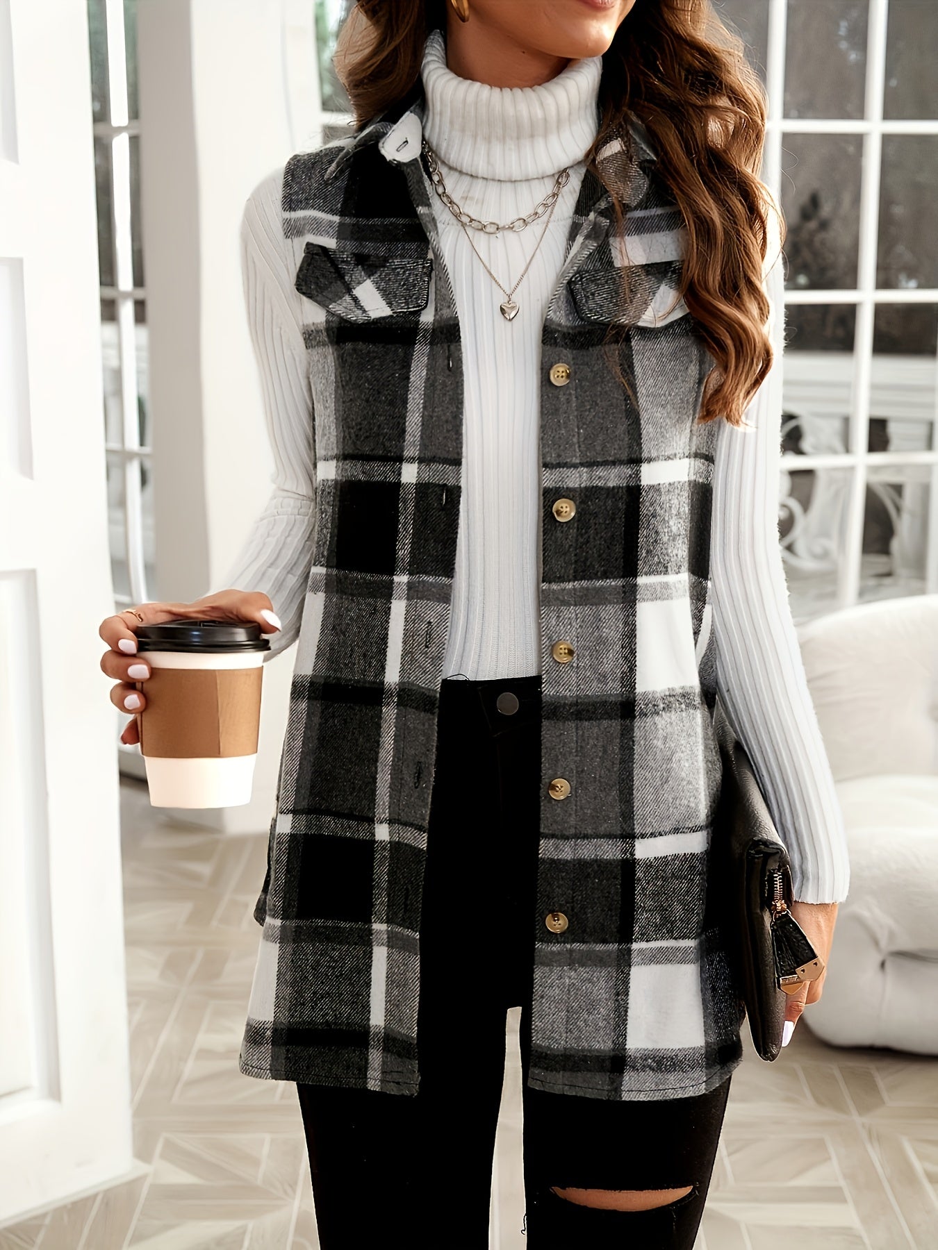 Plaid Vest for Women Lapel Button Sleeveless Shacket Fall Winter Comfortable Warm Long Jacket Outerwear
