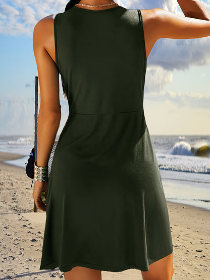 Women's Daily Summer V-Neck Sleeveless Tank Dress 2025 Casual Front Knot Detail Solid Color A-Line Sexy Dress