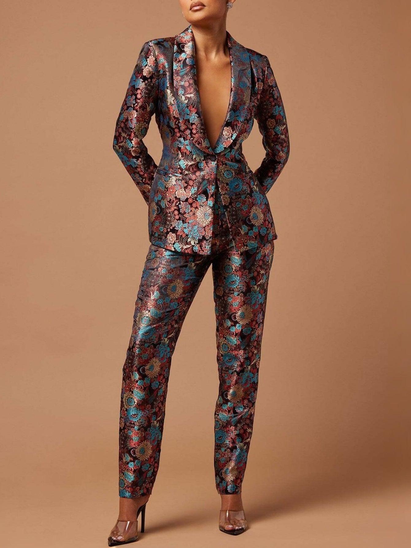 Glouri Hot Pink Floral Jacquard Suit Set - Women'S Long Sleeves Satin Blazer And Straight Leg Pants | Formal Wedding Guest Outfit for Red Carpet Events/Black (Two-Piece And Pocket Details)
