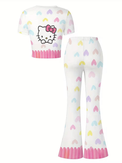 Sanrio-licensed Hello Kitty for My Melody Keroppi Pachadog Girls' Short-sleeved Top and Pants Set, Featuring a Cute Hello Kitty Printed T-shirt and Flare Pants, Perfect for Daily Wear and Outdoor Activities., Perfect for Outdoor