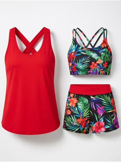 Women'S 3pcs Tank Swimsuit, Tummy-Control Swimsuit, Vest-Style Swimsuit with Bra, Shorts, Swimsuit