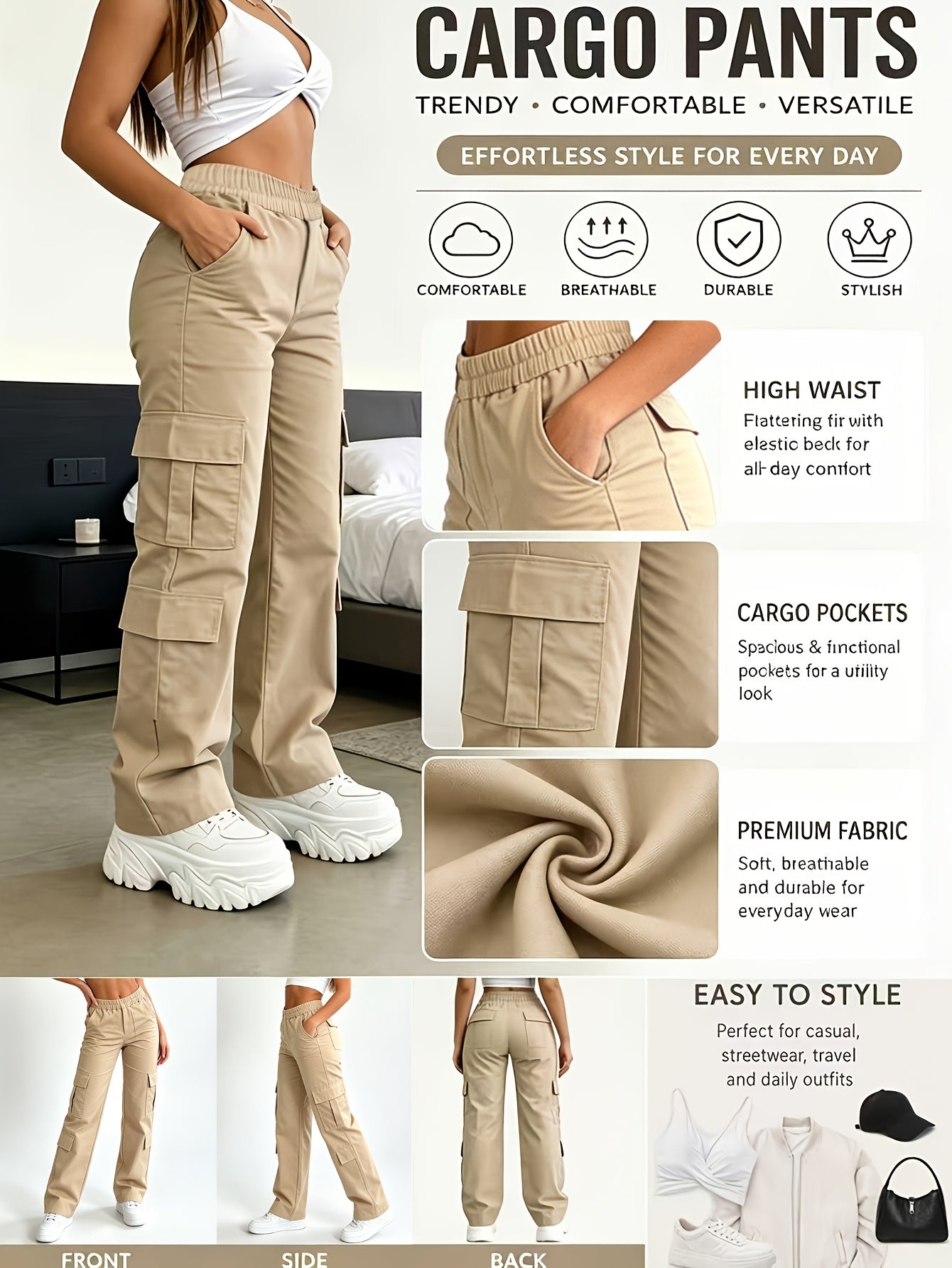 1 Pair Women'S High-Waisted Multi-Pocket Sporty Work Pants. Comfortable And Breathable. Suitable for Daily Outings, Shopping, Dating, Casual Wear, Weddings, Formal Events, And Graduation Ceremonies. The Perfect Choice for Gatherings with Friends