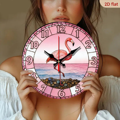 Pink Flamingo Beach Wall Clock - Silent Non-Ticking 10-Inch Design