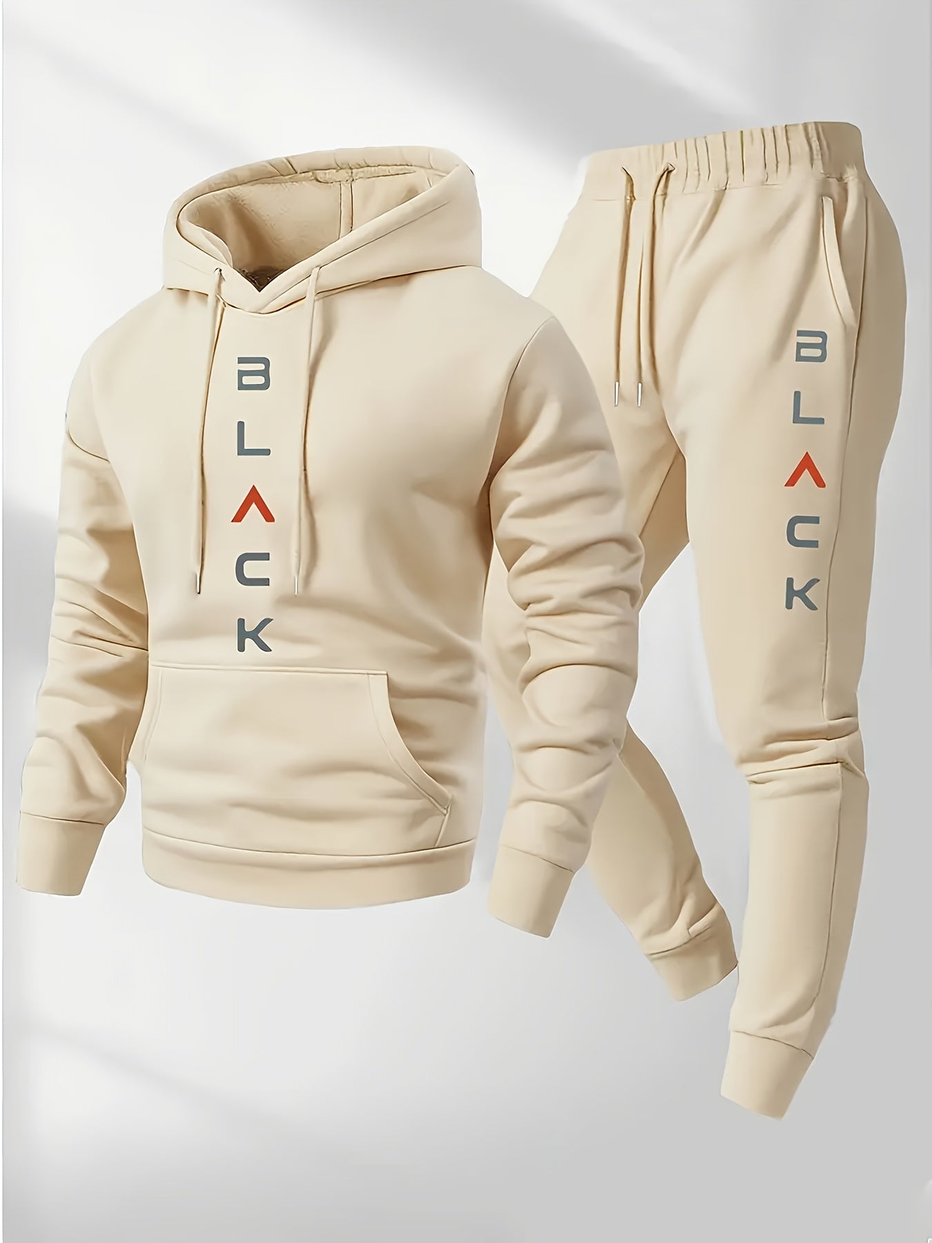 Men's Complete Outfit- Stylish Hooded Sweatshirt& Joggers Set with "BLACK" Print, Gray Casual Streetwear, Long Pants, and Matching Hoodie, Perfect for Fall/Winter, Cozy Clothing| Sporty Look| Nonstretch Fabric