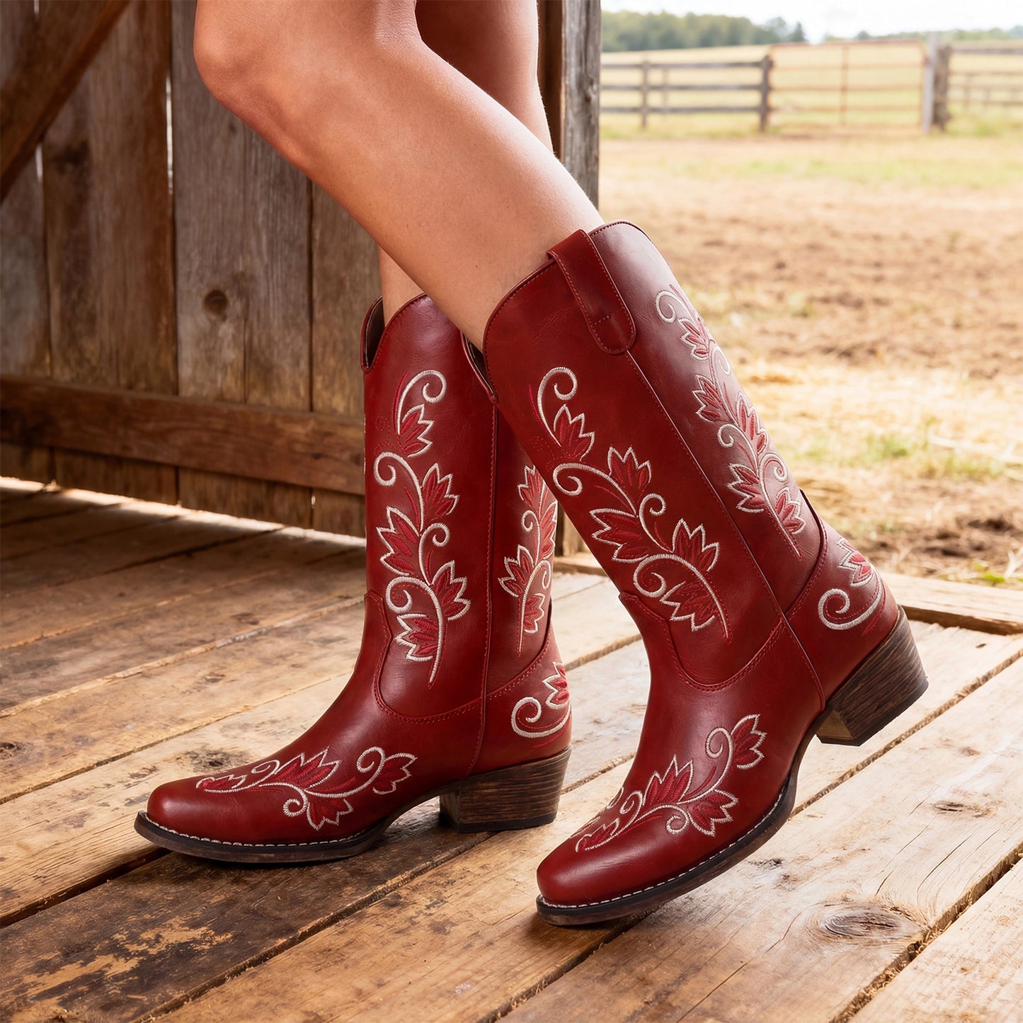 Women'S Cowboy Cowgirl Western Mid Calf Boots Square Toe Embroidered Stitched Pull on Country Boots with Low Chunky Heel Women Shoes
