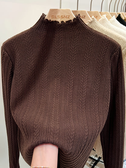 Soft Lettuce Trim Mock Neck Pullover Sweater - Ultra-Soft And Cozy Casual Wear With Long Sleeves For Maximum Comfort, Versatile Inner Wear For Layering, Perfect For Transitional Seasons (Spring And Fall) - Exclusively Designed For Women