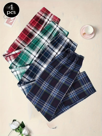 4pcs Set of Spring And Summer Men'S New 4pcs Plaid Pants, Spring And Autumn Loose And Suitable for Outdoor Wear, 4pcs Combination Set of Home Pants