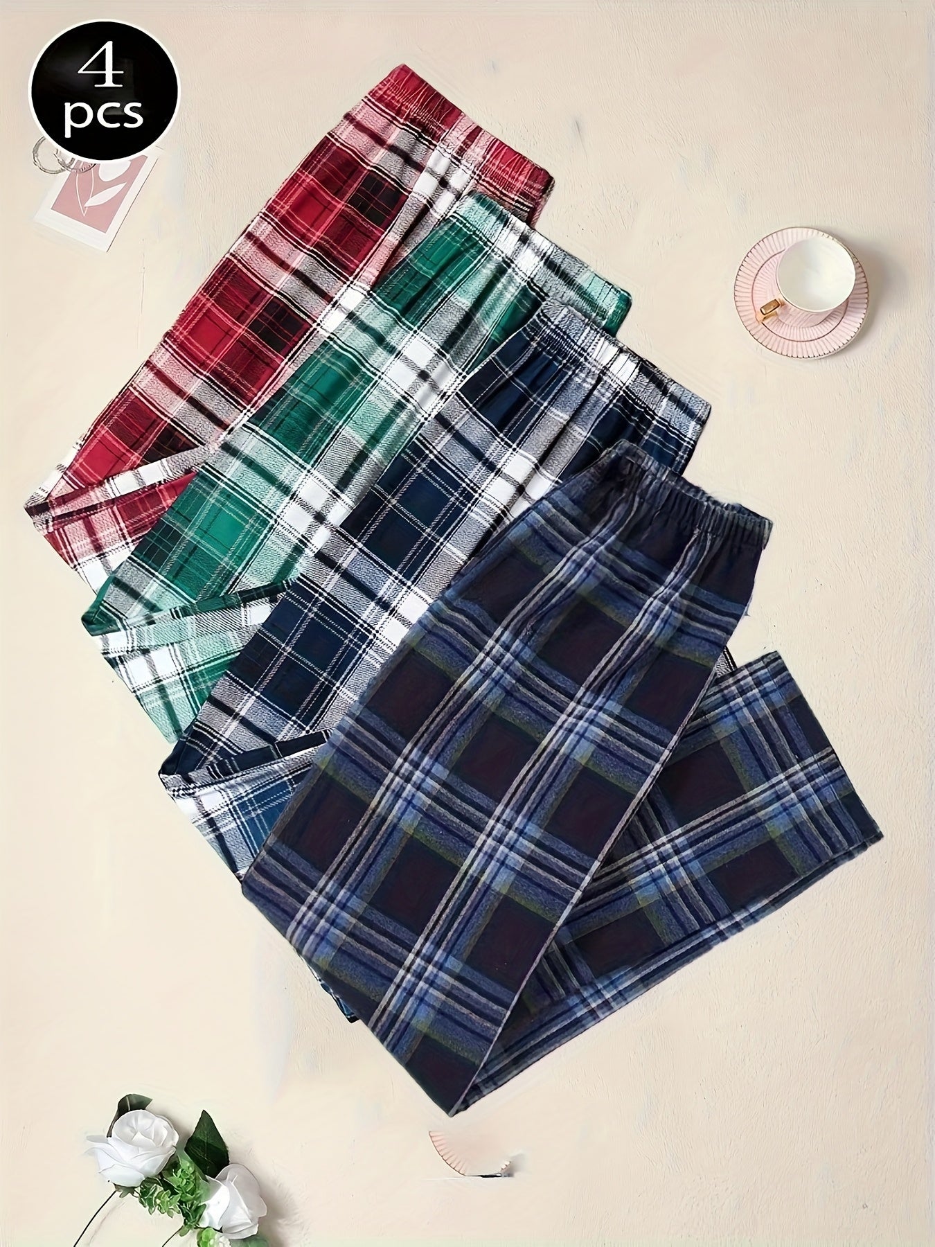 4pcs Set of Spring And Summer Men'S New 4pcs Plaid Pants, Spring And Autumn Loose And Suitable for Outdoor Wear, 4pcs Combination Set of Home Pants