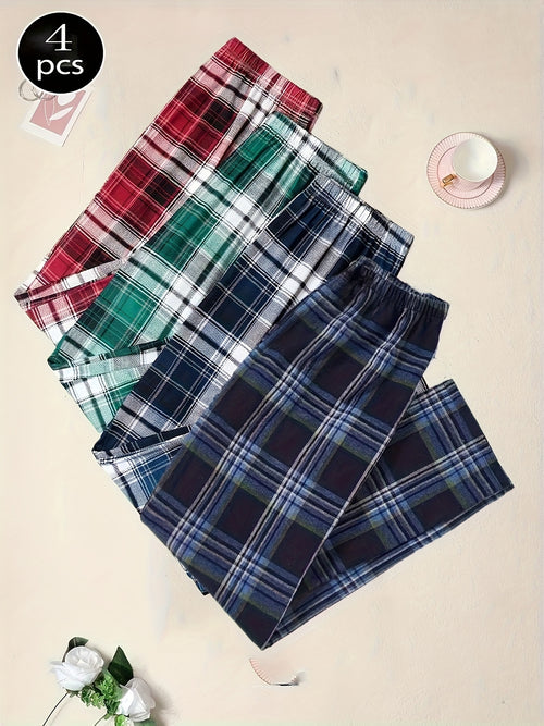 4pcs Set of Spring And Summer Men'S New 4pcs Plaid Pants, Spring And Autumn Loose And Suitable for Outdoor Wear, 4pcs Combination Set of Home Pants