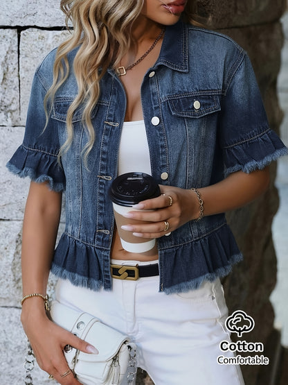 1pc 2026SS Women's Frayed Denim Jacket, Slim Fit & Loose, Trendy Fashion Jacket. Simple, High-end And Timeless, Retro And Stylish, Versatile for All Body Types. Soft And Fashionable Washed Denim Fabric