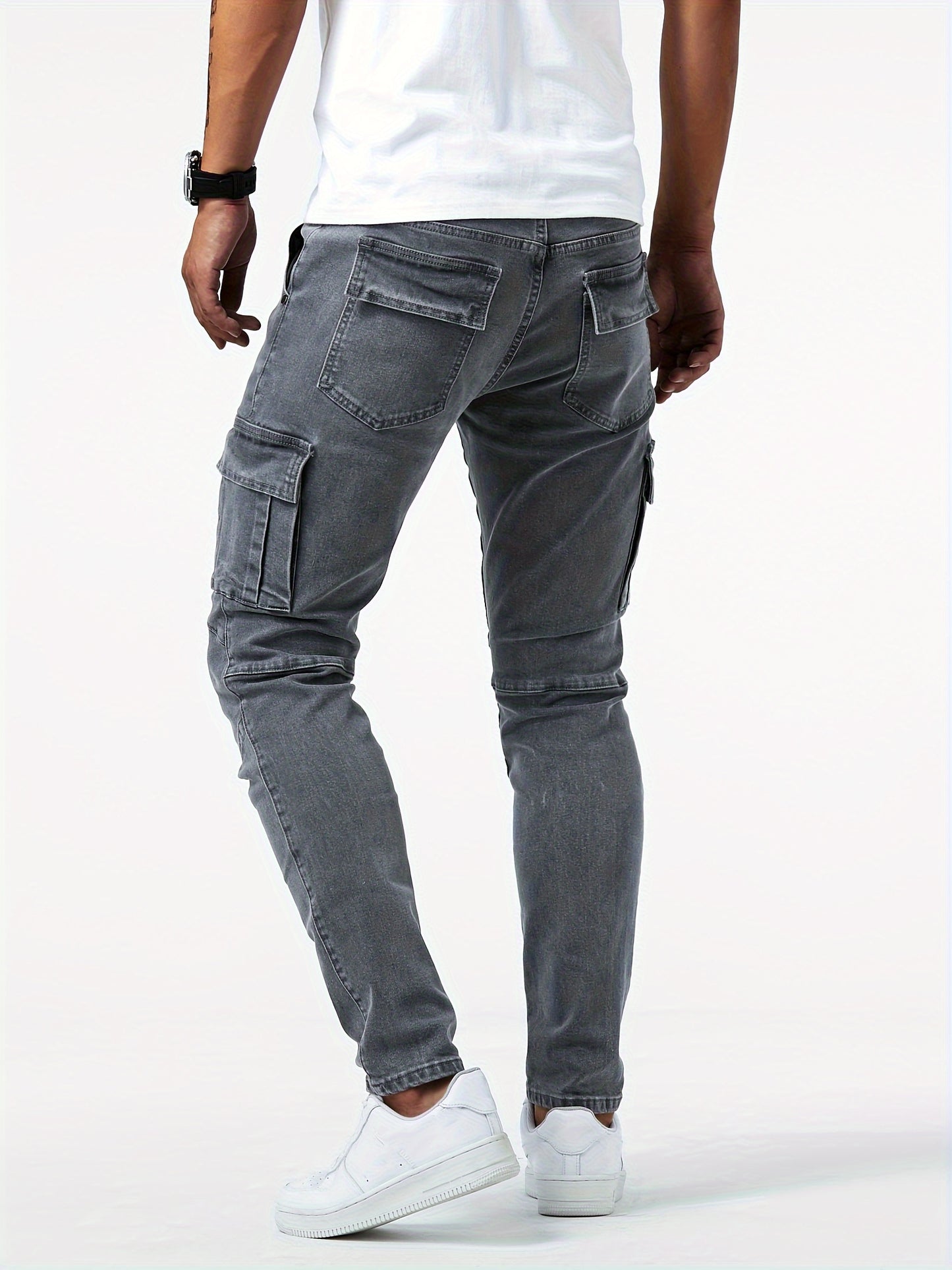 Slim Fit Multi Pocket Jeans, Men's Casual Street Style High Stretch Denim Pants for All Seasons Outdoor