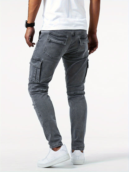 Slim Fit Multi Pocket Jeans, Men's Casual Street Style High Stretch Denim Pants for All Seasons Outdoor