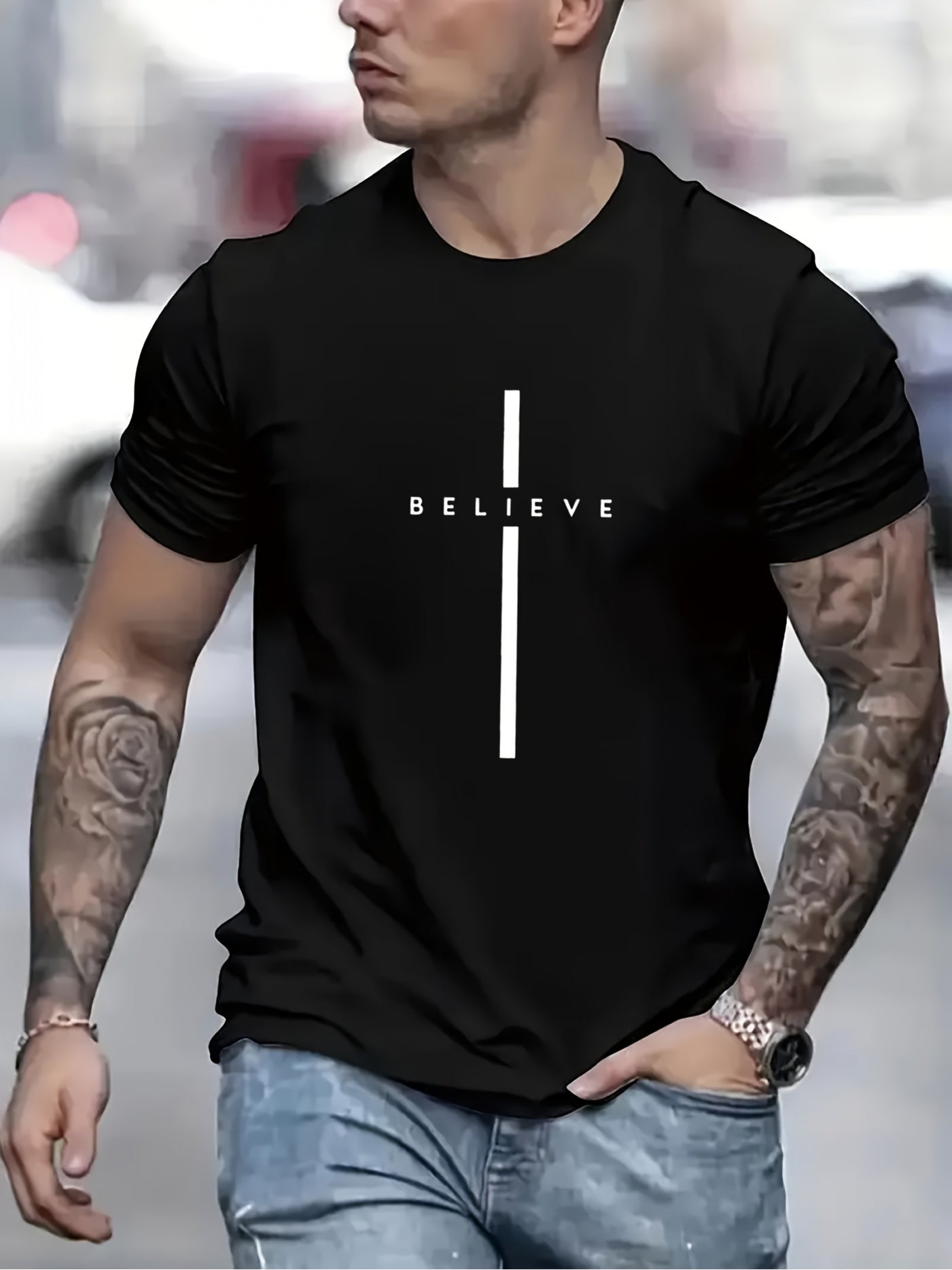 Men's BELIEVE Pattern T-Shirt- Black with White Print, Regular Fit Casual Summer Short Sleeve, Machine Washable, Street Style Design, Simple Comfortable Fabric, Lightweight Top, Trendy Streetwear Essential