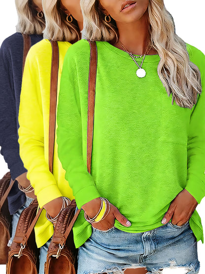 3pcs Women'S Spring And Autumn T Shirt Long Sleeve Chest Pocket Casual Comfort Top