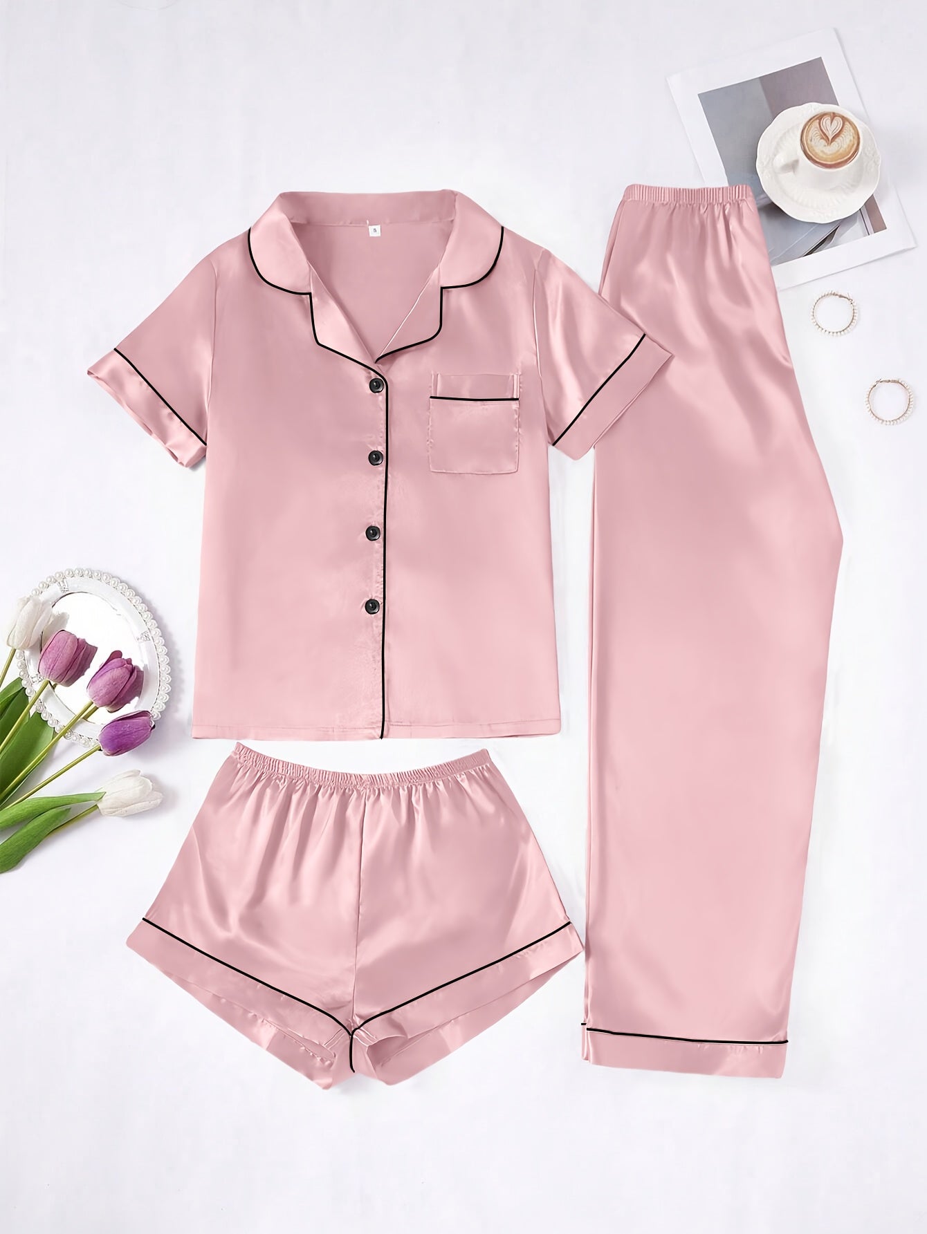 Solid Color Women'S Simple And Comfortable 3pcs Pajama Set, Includes 3pcss: Collared Short-Sleeve Top & Elastic Waist Shorts & Elastic Waist Long Pants Women'S Pajama Set