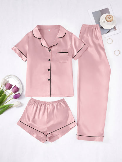 Solid Color Women'S Simple And Comfortable 3pcs Pajama Set, Includes 3pcss: Collared Short-Sleeve Top & Elastic Waist Shorts & Elastic Waist Long Pants Women'S Pajama Set