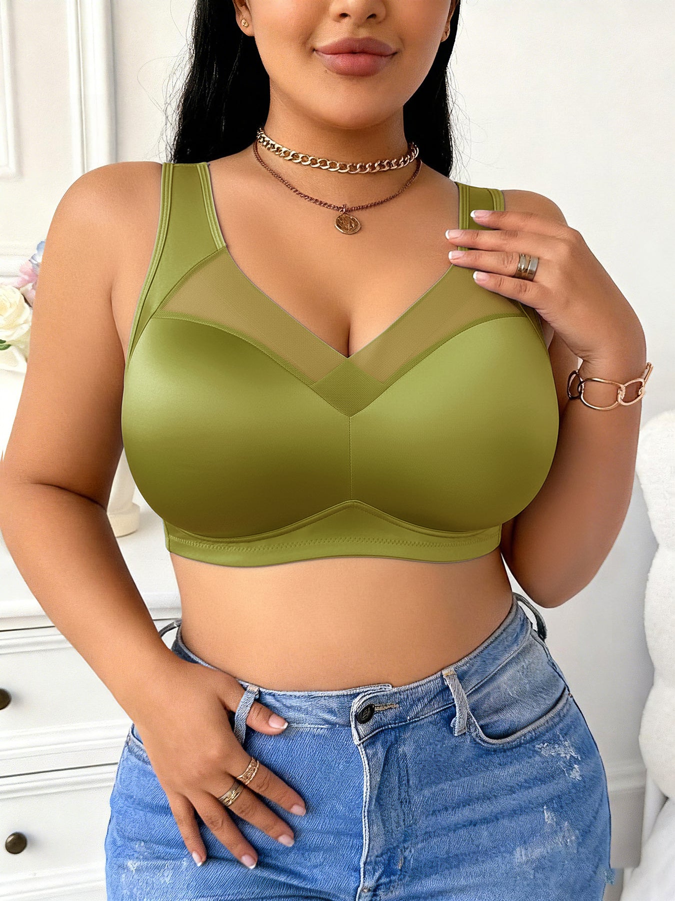 Wire-Free Plus Size Bra for Women - Mesh Design, Glossy Satin Seamless Underwear, Comfortable Breathable Soft Support, Non-Adjustable Straps with Non-Removable Padding, Nylon Smooth Plus Size Bra, Perfect for Everyday Casual Wear