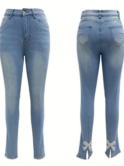 Women's Skinny Jeans - Non-See-Through Stretch Pants with Fit, Bead Accents for Formal & Everyday Outfits - Machine Washable Skinny Leg Pants, Stylish Workwear, Comfortable Fit Jeans