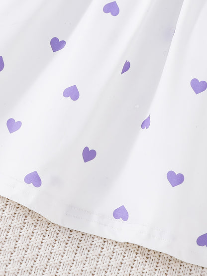 3pcs Girls' Summer Dress Strap Skirt Set | Purple Floral Print, Solid Color Style, and Heart Wave Dot Pattern - Casual Knitted Fabric, Midi Length, Sleeveless