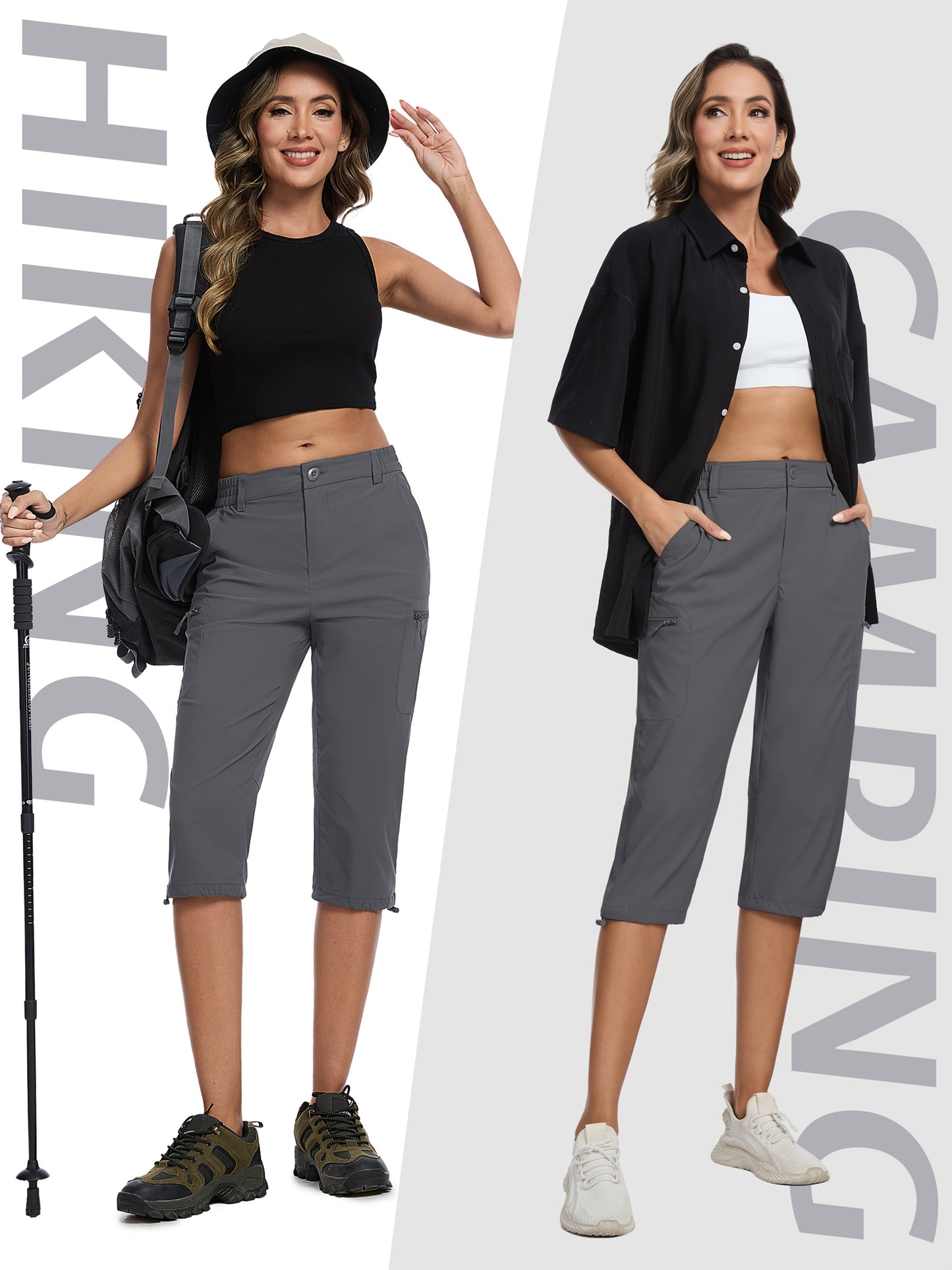 Women'S Summer Hiking Capri Pants - Lightweight, Quick Dry, Stretchy, Zipper Pockets, Adjustable Waist & Cuffs For Outdoor Travel, Hiking, Camping, Fishing, Casual Wear Long Shorts